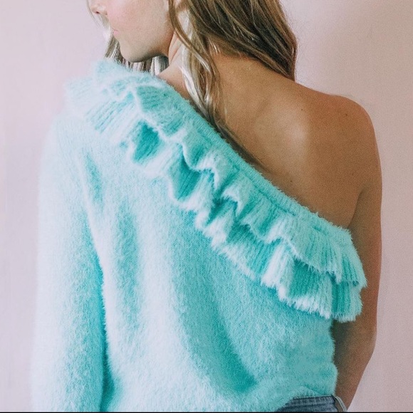 One Shoulder Blue Ruffle Sweater - Picture 2 of 3